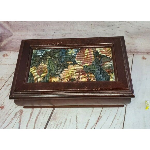 Vintage Brocade Fabric Velvet Lining Mirror 2 Tier Wooden Ring & Jewelry Box - Picture 5 of 12